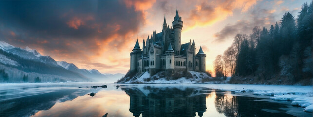 An old stone castle reflected in the lake against the backdrop of winter forest and cloudy sunset sky.