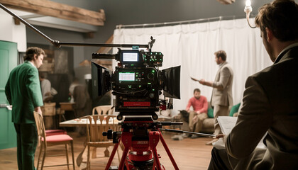 Fototapeta na wymiar Behind the scenes of movie shooting and working process. Camera, actors, crew. Filming