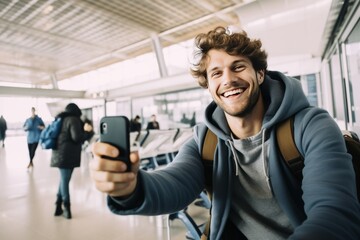 Young Man Capturing a Selfie While Waiting at an Airport Terminal