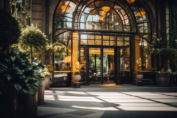 Shot of hotel entrance during sunny day - obrazy, fototapety, plakaty
