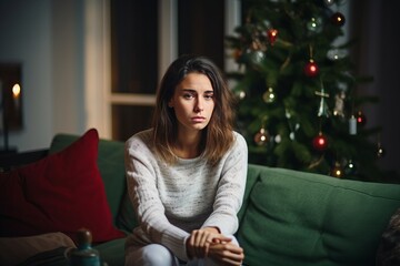 Melancholic Woman Missing Someone During Christmas - obrazy, fototapety, plakaty