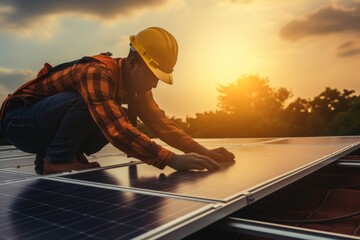 Dedicated Worker Installing Solar Panels at Sunset - obrazy, fototapety, plakaty
