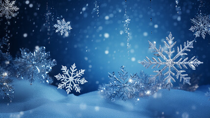 Fototapeta na wymiar Silver Snowflakes on a Blue Backdrop. Snowflakes Background