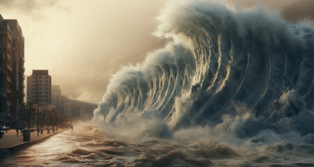 Apocalyptic dramatic background - giant tsunami waves crashing small coastal town.