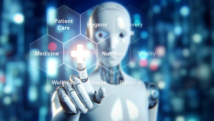 Futuristic healthcare robot interface, artificial intelligence in medicine, digital health...