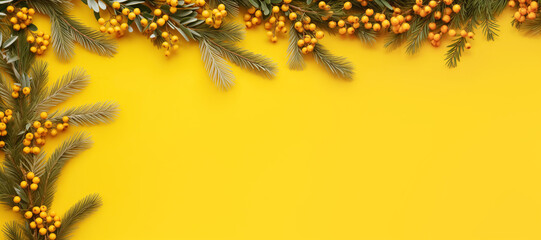 Sea Buckthorn Berries and Fir Branches on a Warm Yellow Background - obrazy, fototapety, plakaty