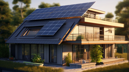 modern family home with solar panels, producing green energy and living autonomously, real estate, carbon neutral sustainable