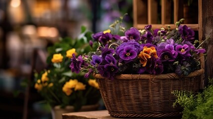 Colorful buttercup flowers in a wicker basket on a wooden table. Mother's day concept with a space for a text. Valentine day concept with a copy space.