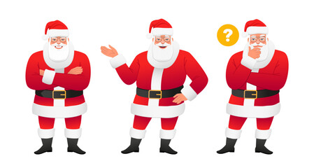 Happy Santa with glasses is standing with his arms crossed, pointing at something with his hand, thinking about something.