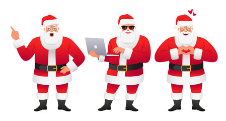 Santa Claus in love folded a heart out of his palms. Santa is standing with a laptop in his hands, pointing at something in surprise.