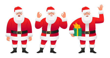 Cheerful Santa Claus with a gray beard waves his hand and holds a gift box. Santa is very surprised by something, happily shows the OK sign with his hands.