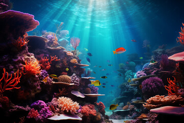 Color photo of an otherworldly underwater scene in the depths of a vibrant coral reef