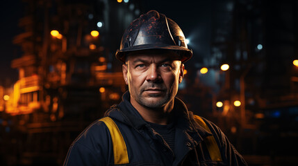 Portrait of the confident oilman worker on Oil rig platform. Power industry, petroleum engineering, technology, oilfield. Nordic sea oil rig background