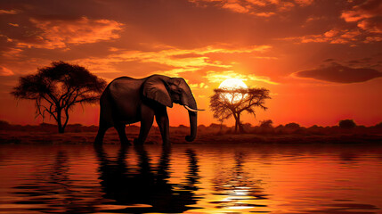 Fototapeta na wymiar A tranquil moment, elephant silhouetted against the radiant glow of a setting sun Ai Generative