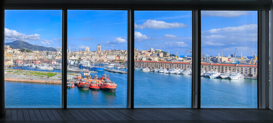 Genoa cityscape in Italy: view of Old Port from window of a cruise ship.