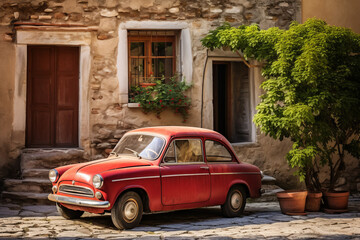 Fototapeta premium An old Italian house with a small subcompact old red car