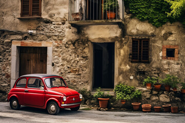 An old Italian house with a small subcompact old red car