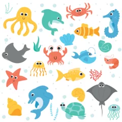 Fototapete Meeresleben Set with undersea animals. Hand drawn vector sea life collection. Whale, dolphin, shell, starfish, crab, jellyfish, stingray.