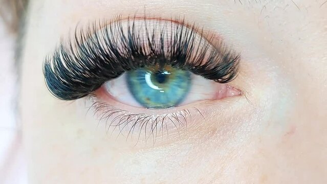 Close up of eye with spiky eyelash extensions  beauty salon treatment 
