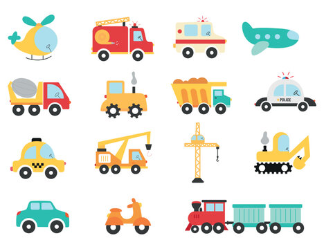 Set of transport for kids in flat style. Collection of hand drawn vehicles for children..