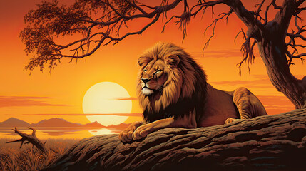 A tranquil moment, lion silhouetted against the radiant glow of a setting sun Ai Generative
