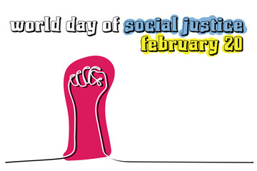 World day of social justice observed every year on february 20. Continuous line art poster design. Social protection for down trodden sector of society. Justice balance scale and hammer. vector art.