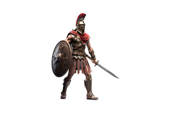 Spartan warrior with sword and shield isolated on white transparent background, ancient Greek military, strong soldier in armor and helmet - obrazy, fototapety, plakaty