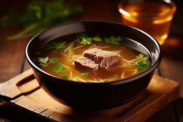 Asian miso soup with meat, tofu cheese in a bowl on a table covered with a bamboo mat. copy space