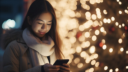 Portrait of a young woman smiling while using a smartphone on the street at night in the background of Christmas lights, bokeh effect