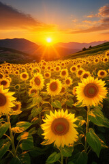 Sunflowers field in the italian hill at sunset