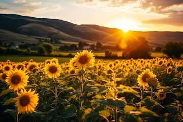 Fototapeta premium Sunflowers field in the italian hill at sunset