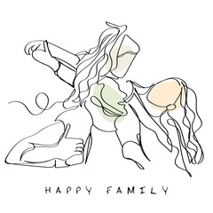 line art of a happy family. Parents cheering up their young girl. Fatherhood and motherhood concept vector art. Childhood is precious. Health upbringing. Positive approach to life.