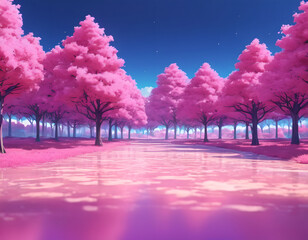 Watercolor painting, pink walkway, pink trees, behind is a bright blue sky.