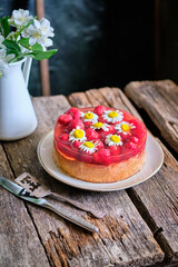 Cheesecake with strawberry-chamomile jelly layer.