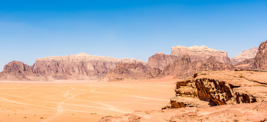 Panoramic view at the rock formation in Wadi Rum desert valley, Jordan