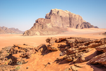 View at the rock formation in Wadi Rum valley, Jordan