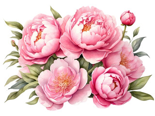 Watercolor  of pink  peony bouquet.  Flower for wedding deco. Element for graphics decoration. 