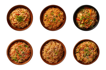 collection set bowl of Chinese noodles isolated on a transparent background, top view
