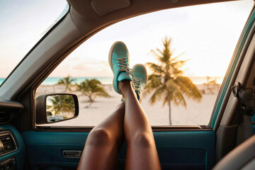 Una mujer con las piernas apoyadas en la puerta del coche, cómodamente recostada en el asiento del conductor en una playa del caribe - obrazy, fototapety, plakaty