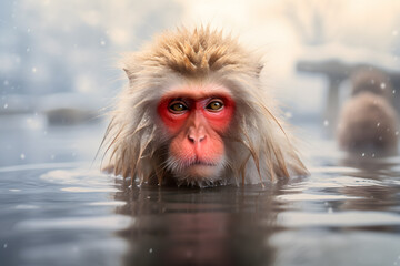 Fototapeta premium Japanese macaque monkey taking a bath in hot spring in winter