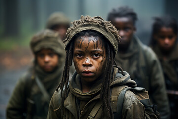 Child soldier, black african boy with dreadlocks in a group with other children, military army clothes and guns  - obrazy, fototapety, plakaty