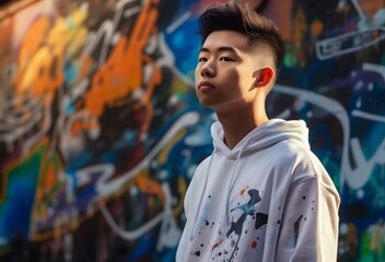Asian male white jumper street photo. Rear casual hood street graffiti. Generate Ai - Powered by Adobe