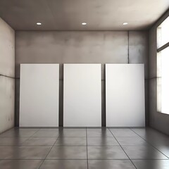 Gray wall with 3 white signboard mockup and copy space background.