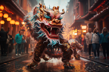 Chinese dragon on the street, celebrate the new year 2024, traditional folklore of China, zodiac symbol for power and success - obrazy, fototapety, plakaty