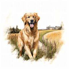 Golden Retriever Country Walk Clipart isolated on white background