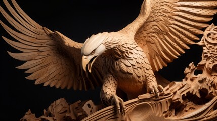 wood carving, concept: eagle, freedom, 16:9 - obrazy, fototapety, plakaty