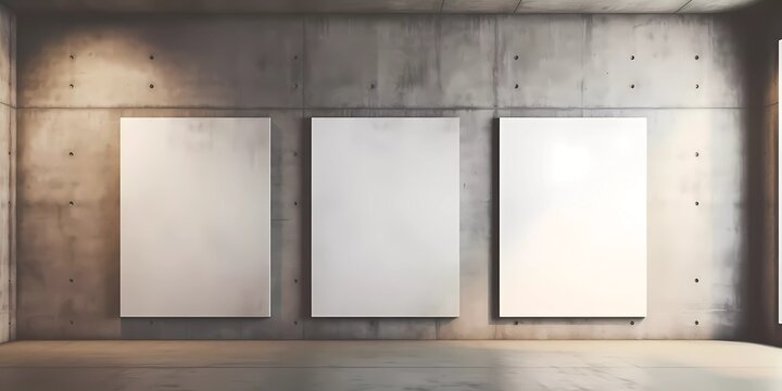 Gray wall with 3 white signboard mockup and copy space background.