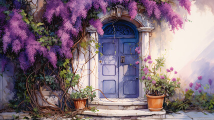 A painting of a purple door - obrazy, fototapety, plakaty