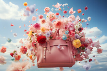 Pink shopping bag covered with flowers, marketing and advertising a special offer, positive emotion and attitude, purchase gift with joy