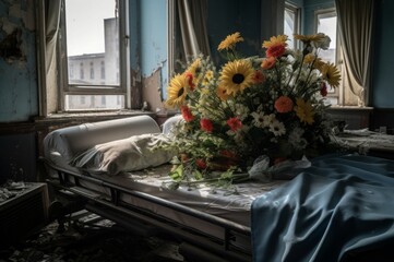Fototapeta na wymiar Bouquet of flowers on hospital bed, bombed city view. Broken window in medical room. Generate Ai